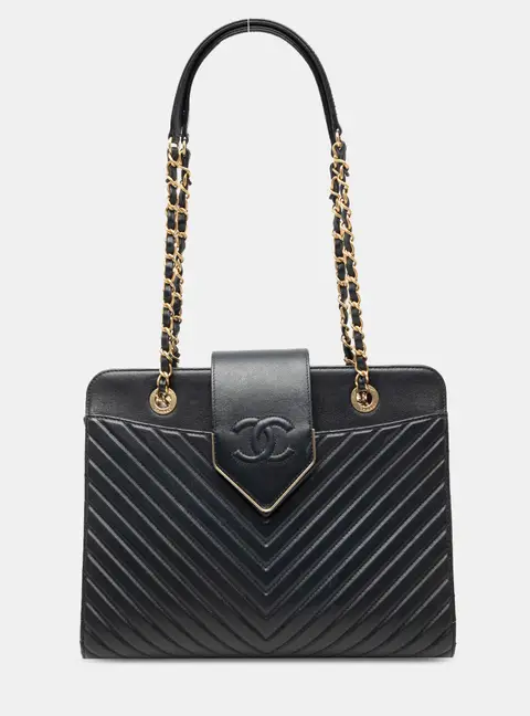 Chanel Chevron Collar and Tie Tote Black Calfskin Leather Top Handle Bag