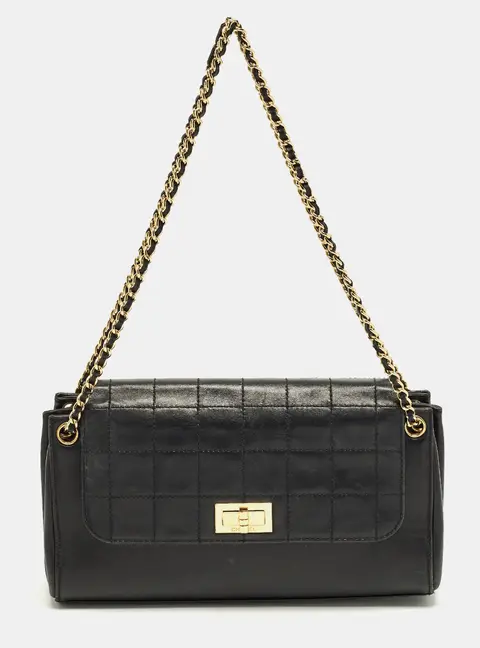 Chanel Accordion Flap Black Chocolate Bar Quilted Leather Bag