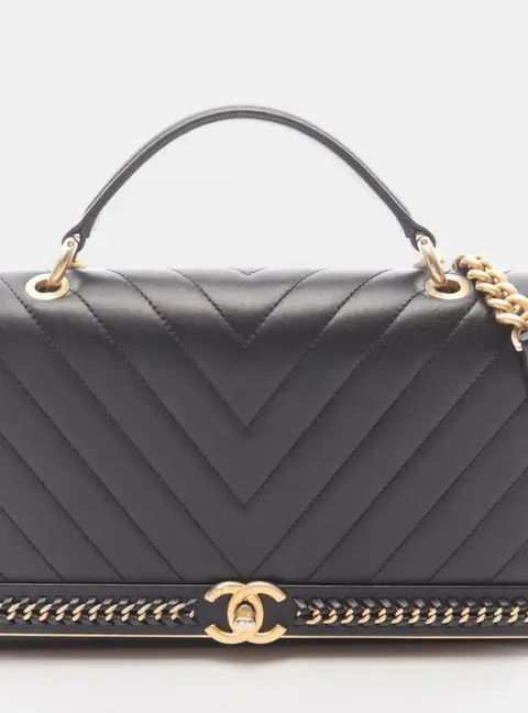Chanel Chanel Top Handle V-Stitch Shoulder Bag Handbag Lambskin Leather Black