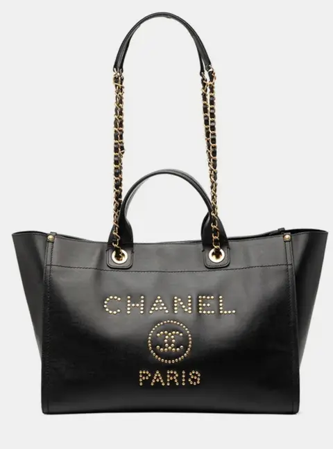 Chanel Deauville Logo Stud Tote Shoulder Bag Black Caviar Leather