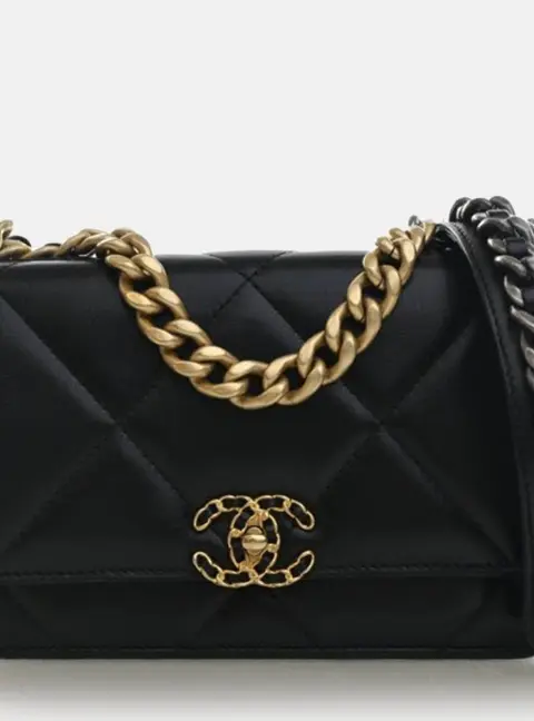 Chanel 19 Wallet On Chain Black Shiny Lambskin Leather Crossbody Bag