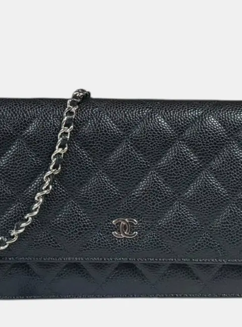 Chanel Shoulder Bag Caviar Skin Black Chain Wallet