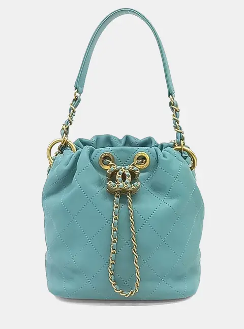 Chanel Drawstring Bucket Small Blue Quilted Leather Shoulder Bag