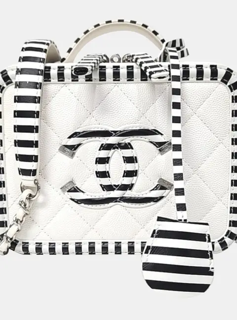 Chanel Cosmetic Vanity Small White Black Grained Calfskin Leather Top Handle Bag