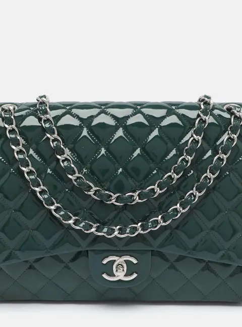 Chanel Classic Double Maxi Green Quilted Patent Leather Flap Bag