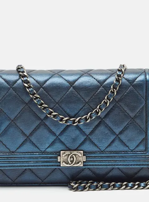 Chanel Boy Metallic Blue Quilted Leather Wallet On Chain