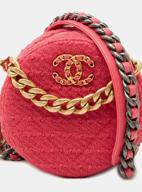 Chanel 19 Round Clutch with Chain Mini Pink Tweed Round Bag