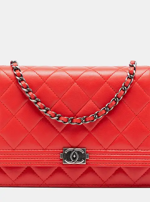 Chanel Boy Wallet On Chain Red Quilted Lambskin Leather Crossbody Bag