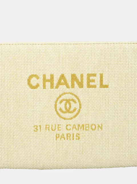 Chanel Deauville MM Yellow Raffia Canvas Pouch Bag