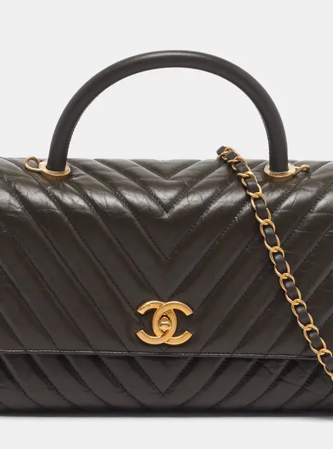 Chanel Coco Small Olive Green Chevron Aged Leather Top Handle Bag