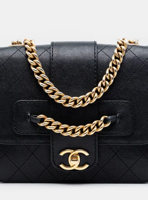 Chanel Front Chain Flap Large Black Quilted Sheepskin Leather Shoulder Bag