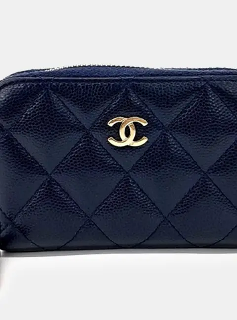 Chanel Quilted Zip Around Navy Blue Caviar Leather Wallet Bag