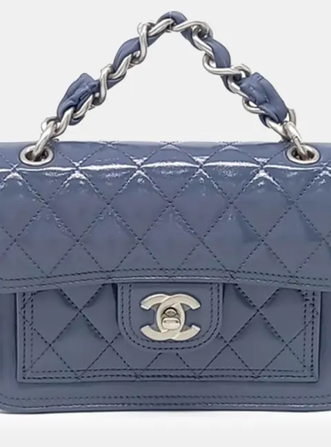 Chanel Top Handle Mini Flap Bag Blue Patent Leather Crossbody Bag