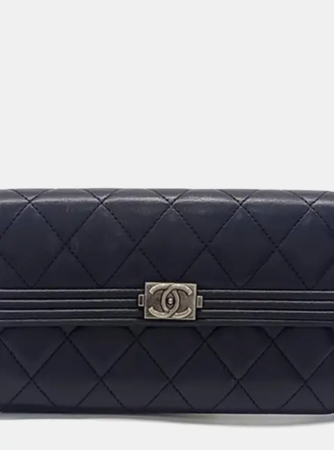 Chanel Boy Long Black Lambskin Leather Wallet Bag