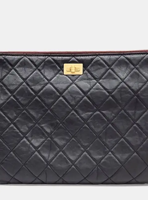 Chanel 2.55 New Medium Black Aged Calfskin Leather Clutch Bag