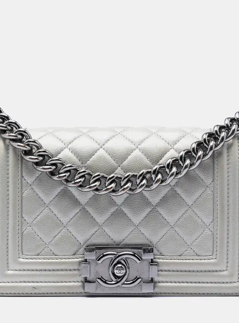 Chanel Boy Flap Small Silver Metallic Caviar Leather Shoulder Bag