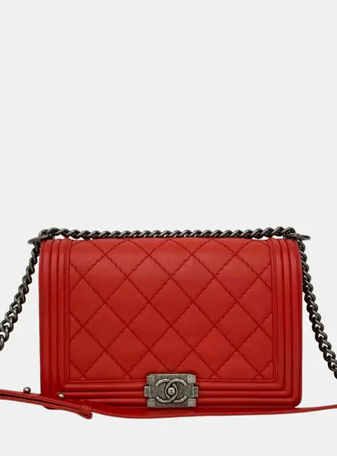 Chanel Boy Coco Mark Red Leather Semi-Shoulder Bag