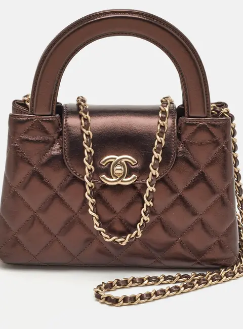 Chanel Kelly Nano Metallic Brown Quilted Leather Shoulder Bag