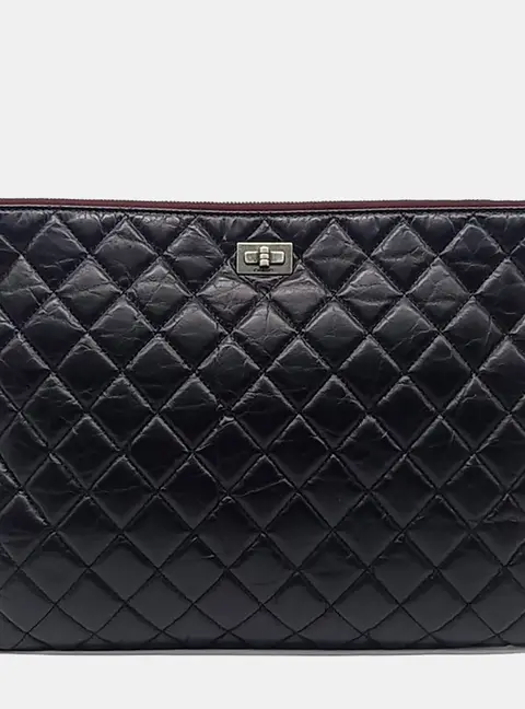 Chanel 2.55 Large Black Quilted Leather Pouch Bag