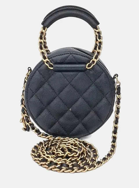 Chanel Black Caviar Round Top Handle Chain Crossbody Bag
