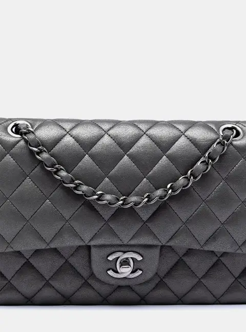 Chanel Classic Medium Iridescent Grey Quilted Lambskin Leather Double Flap Bag