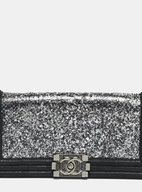 Chanel Boy Black/Silver Metallic Suede and Python Clutch