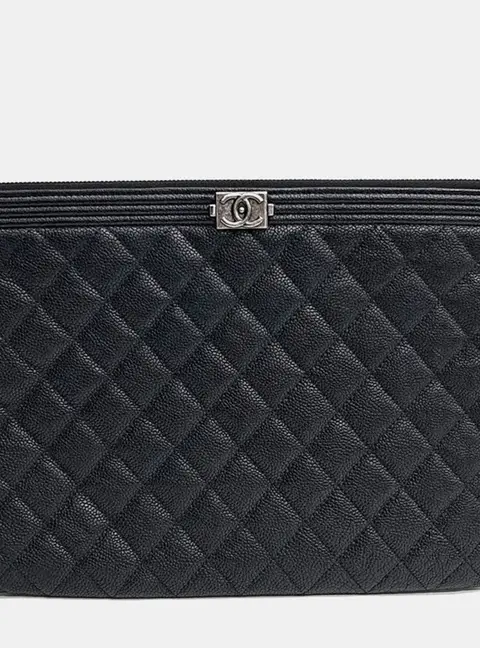 Chanel Boy New Medium Black Grained Calfskin Leather Clutch Bag