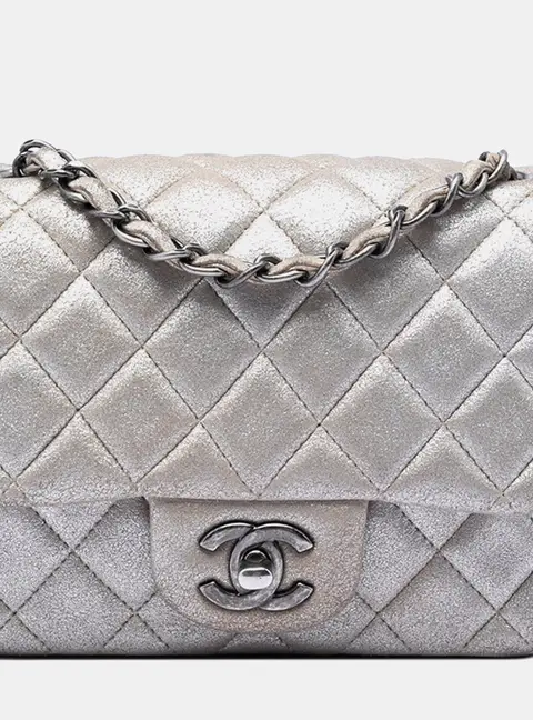 Chanel Mini Square Classic Metallic Lambskin Silver Shoulder Bag