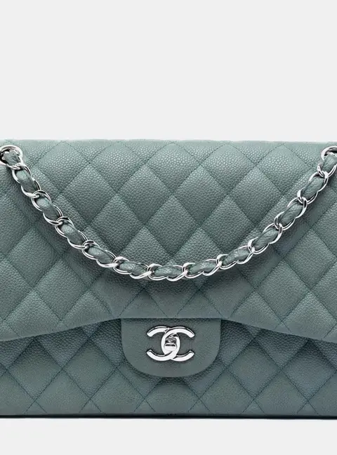 Chanel Classic Jumbo Green Iridescent Caviar Leather Double Flap Bag