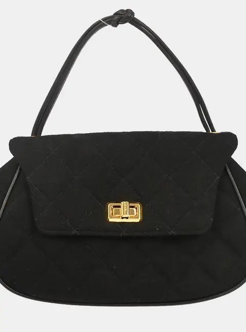 Chanel Mademoiselle Lock Small Black Quilted Cotton Top Handle Bag