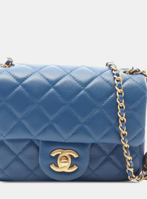 Chanel Mini Square Classic Blue Lambskin Leather Pearl Crush Single Flap Bag