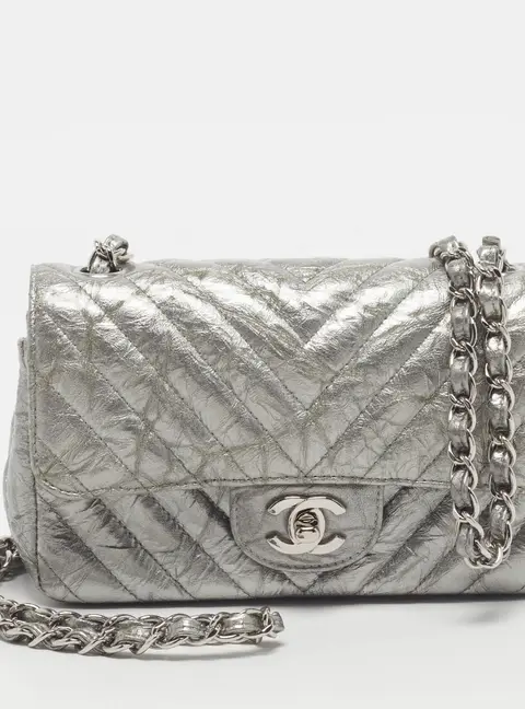 Chanel Rectangle Classic Single Flap Mini Grey Chevron Patent Leather Bag