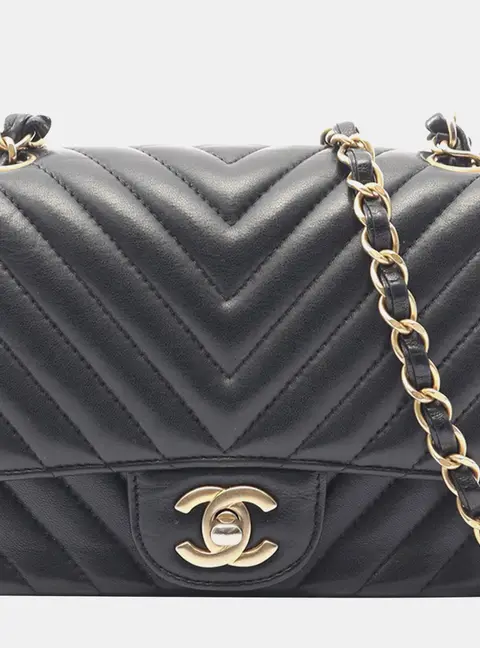 Chanel Classic Mini Square Black Lambskin Leather Single Flap Bag