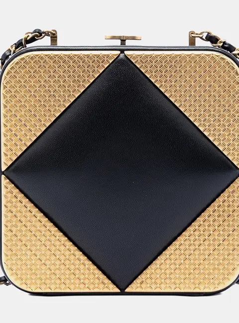 Chanel Square Black Lambskin Leather Gold-Tone Metal Clutch with Chain Bag