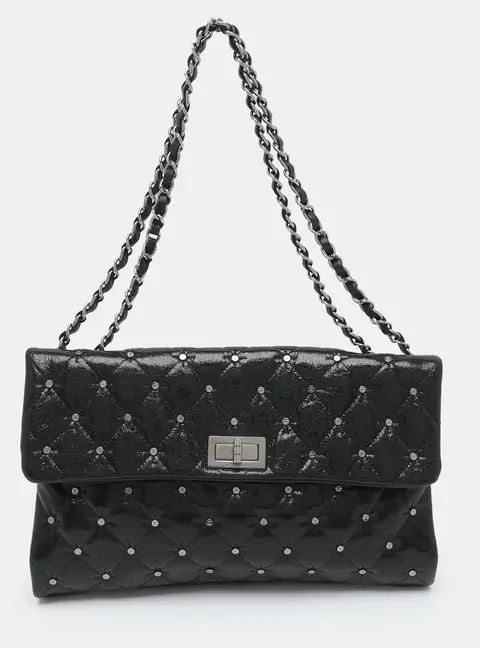 Chanel Studded Mademoiselle Black Quilted Glazed Crackled Leather Flap bag