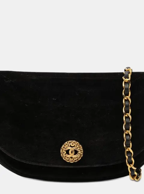 Chanel Half Moon Flap Black Velvet Shoulder Bag