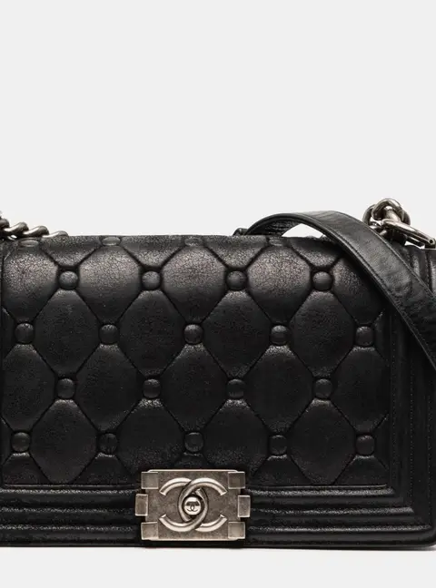 Chanel Boy Old Medium Black Quilted Suede Chesterfield Shoulder Bag