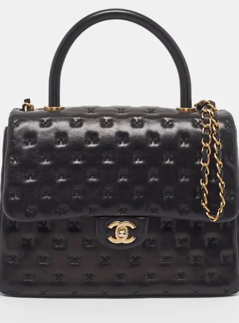 Chanel Paris-Rome Coco Black Cross Stitch Leather Top Handle Bag