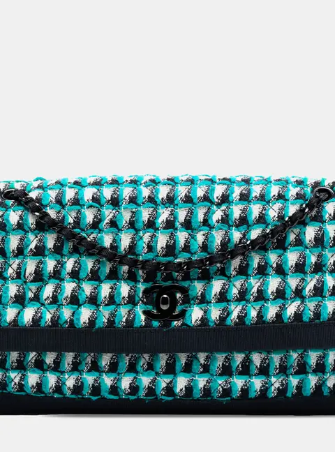Chanel CC Multicolor Quilted Tweed Accordion Houndstooth Flap Medium Turquoise Black Fabric Shoulder Bag