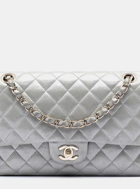 Chanel Classic Medium Silver Iridescent Lambskin Leather Double Flap Bag