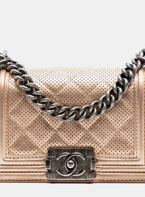 Chanel Boy Small Rose Gold Perforated Metallic Lambskin Leather Flap Bag