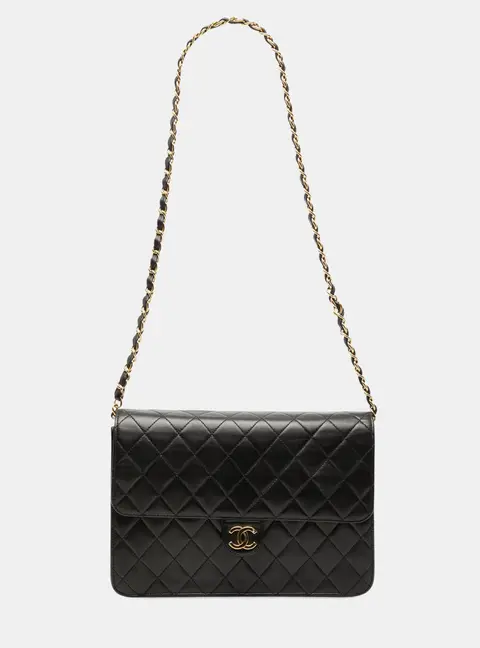 Chanel Classic Single Flap Medium Black Lambskin Leather Shoulder Bag