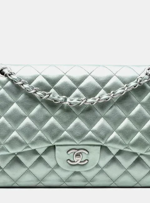 Chanel Classic Jumbo Mint Green Metallic Lambskin Leather Double Flap Bag