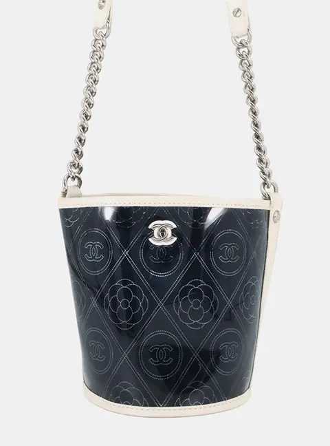 Chanel Camellia CC Logo Bucket Bag Black White Leather Patent Leather Shoulder Bag