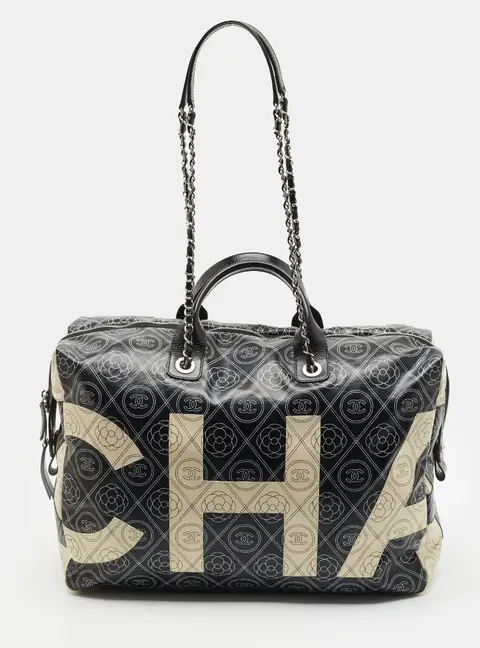 Chanel Black/Cream Camellia Print Coated Canvas Bowling Bag