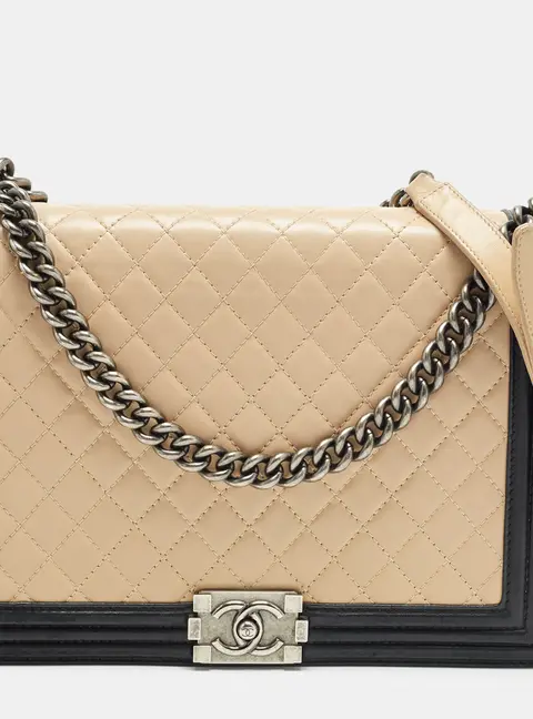 Chanel Boy Large Beige/Black Quilted Leather Flap Bag