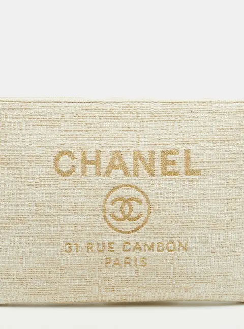 Chanel Deauville Gold/White Tweed Zip Clutch
