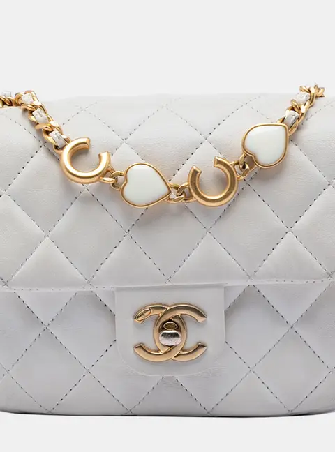 Chanel Mini Square Classic Lambskin Enamel Coco Hearts Single Flap White Lambskin Crossbody Bag