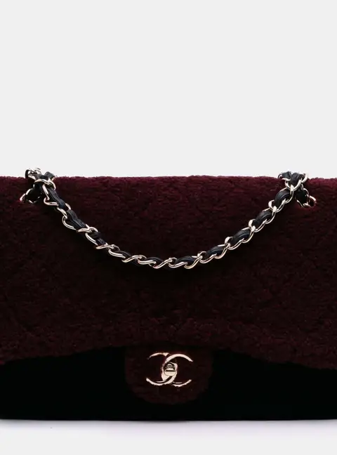 Chanel Classic Medium Red Black Gray Quilted Shearling Leather Shoulder Bag
