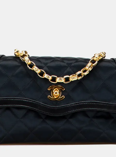 Chanel CC Quilted Bijoux Chain Small Black Satin Leather Single Flap Bag